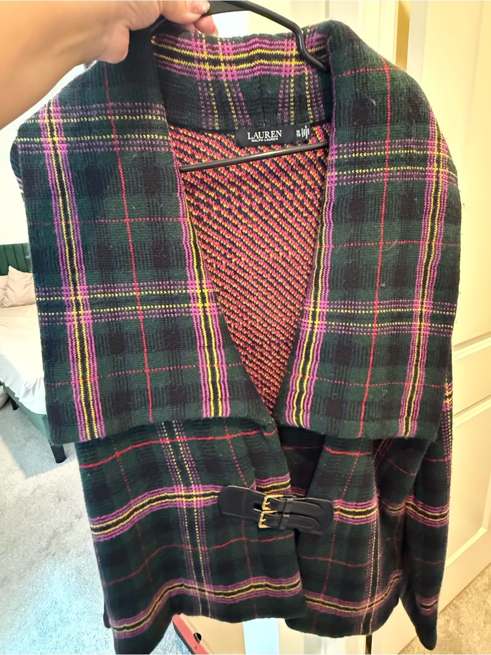 Lauren Ralph Lauren Dark Green Plaid Coat with Pink and Yellow Stripes